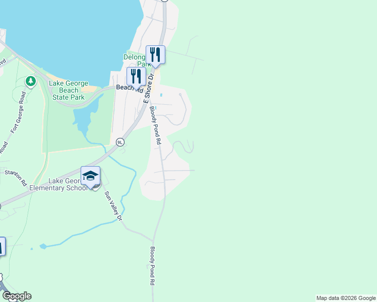 map of restaurants, bars, coffee shops, grocery stores, and more near 21 Robin Lane in Lake George