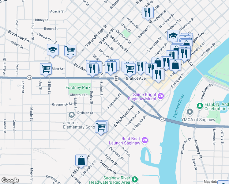 map of restaurants, bars, coffee shops, grocery stores, and more near 916 South Webster Street in Saginaw