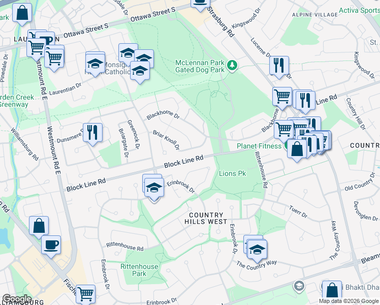 map of restaurants, bars, coffee shops, grocery stores, and more near 43 Briar Knoll Drive in Kitchener