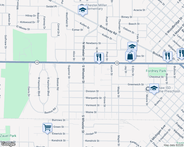 map of restaurants, bars, coffee shops, grocery stores, and more near 3 Shelley Court in Saginaw