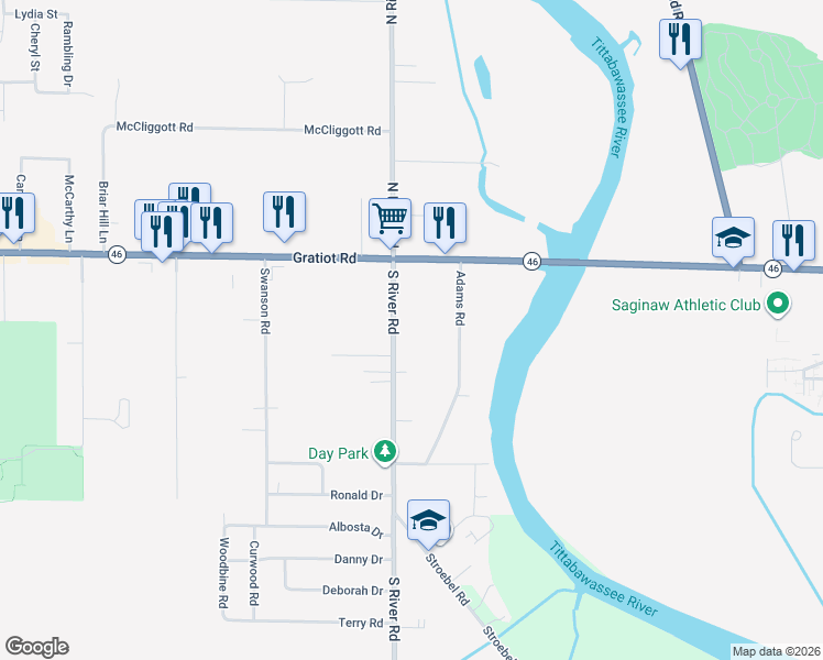 map of restaurants, bars, coffee shops, grocery stores, and more near 355 South River Road in Saginaw