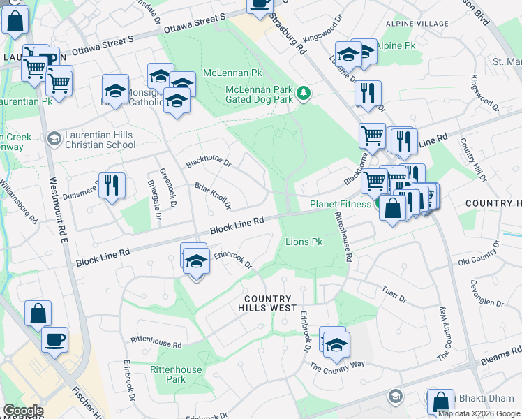map of restaurants, bars, coffee shops, grocery stores, and more near 23 Briar Knoll Drive in Kitchener