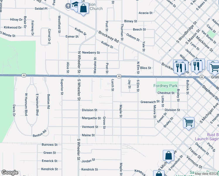 map of restaurants, bars, coffee shops, grocery stores, and more near 4 Northlawn Court in Saginaw
