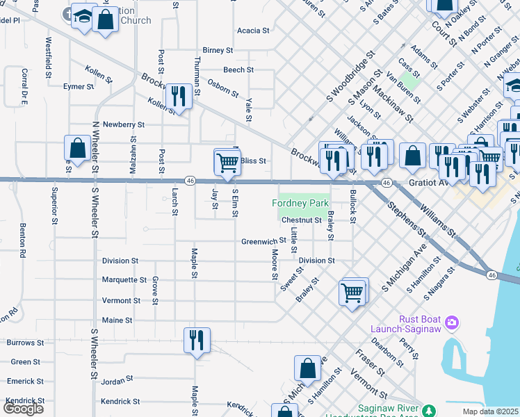 map of restaurants, bars, coffee shops, grocery stores, and more near 1413 Gratiot Avenue in Saginaw