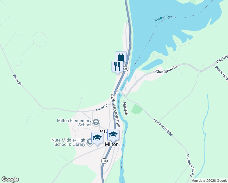 map of restaurants, bars, coffee shops, grocery stores, and more near 557 Main Street in Milton