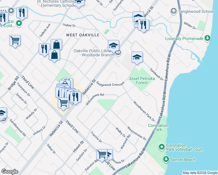 map of restaurants, bars, coffee shops, grocery stores, and more near 294 Savoy Crescent in Oakville
