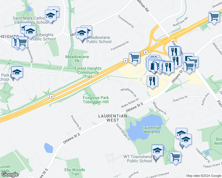 map of restaurants, bars, coffee shops, grocery stores, and more near 917 Windflower Place in Kitchener