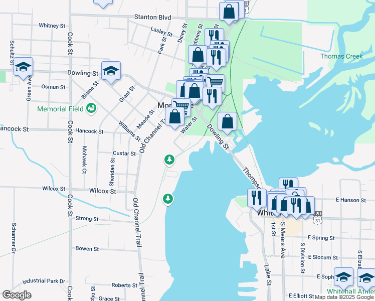 map of restaurants, bars, coffee shops, grocery stores, and more near 8590 Water Street in Montague