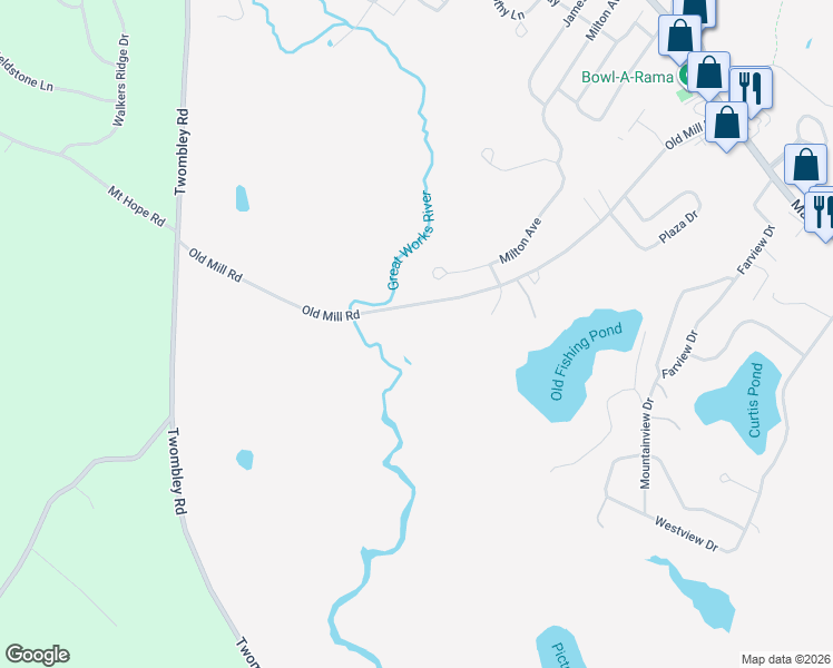 map of restaurants, bars, coffee shops, grocery stores, and more near 152 Old Mill Road in Sanford