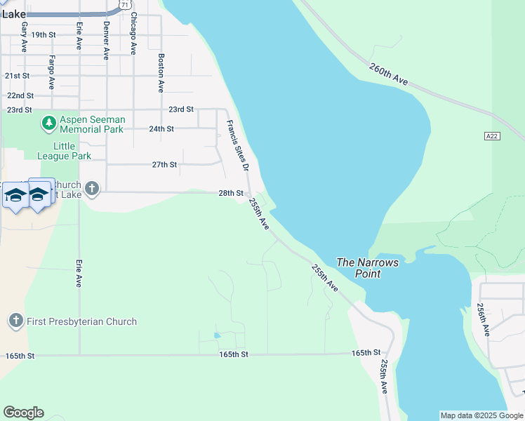 map of restaurants, bars, coffee shops, grocery stores, and more near 16072 255th Avenue in Spirit Lake