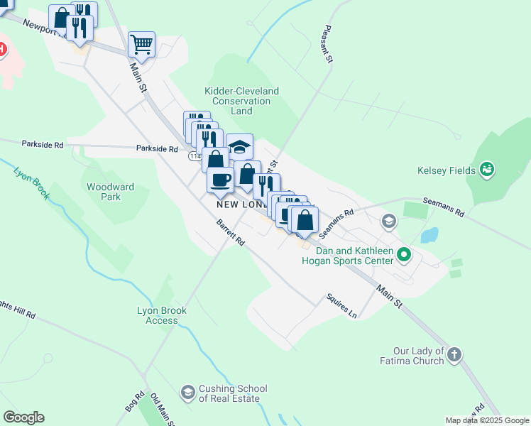 map of restaurants, bars, coffee shops, grocery stores, and more near 461 Main Street in New London