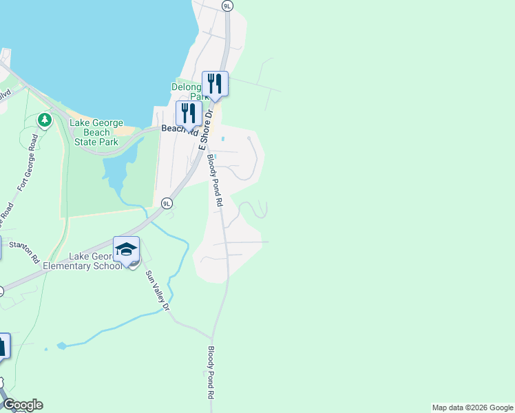 map of restaurants, bars, coffee shops, grocery stores, and more near 43 Hill Crest Lane in Lake George