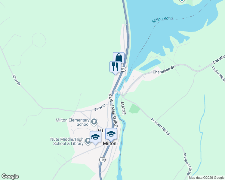 map of restaurants, bars, coffee shops, grocery stores, and more near 557 Main Street in Milton