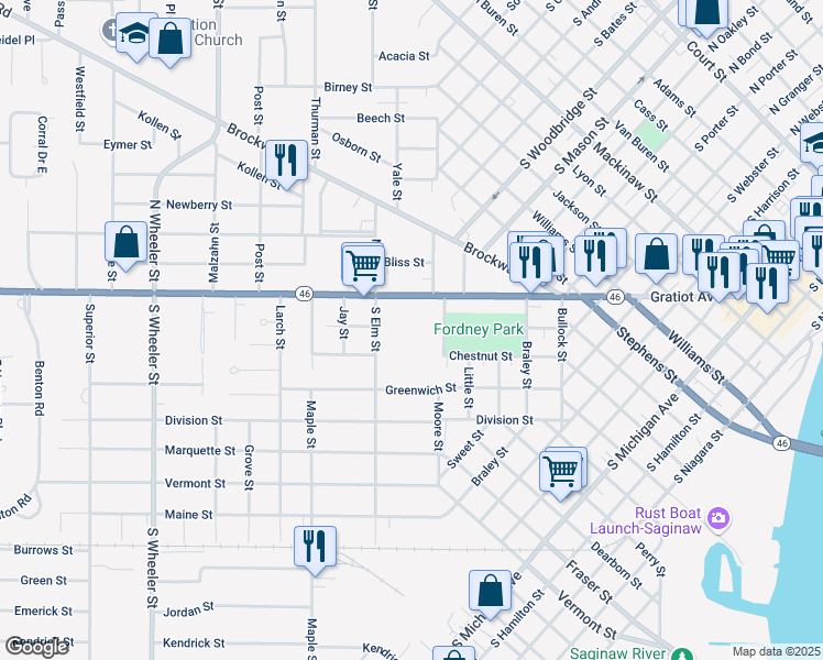 map of restaurants, bars, coffee shops, grocery stores, and more near 1413 Gratiot Avenue in Saginaw
