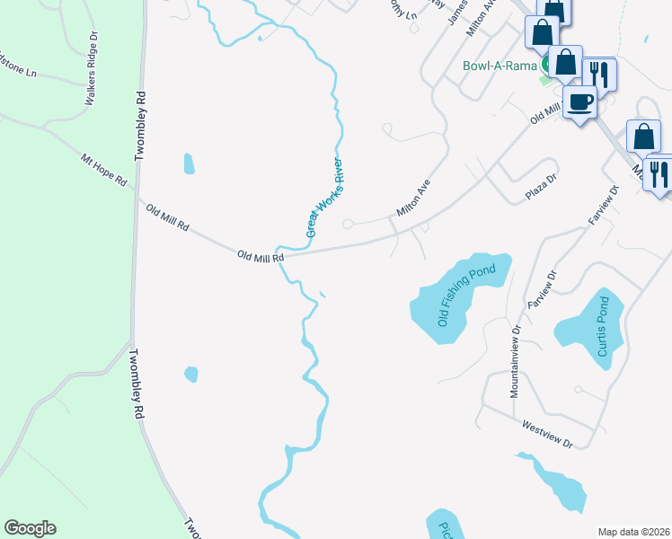 map of restaurants, bars, coffee shops, grocery stores, and more near 152 Old Mill Road in Sanford