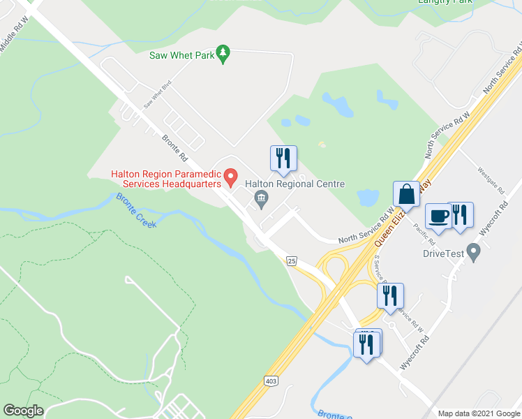map of restaurants, bars, coffee shops, grocery stores, and more near 1151 Bronte Road in Oakville