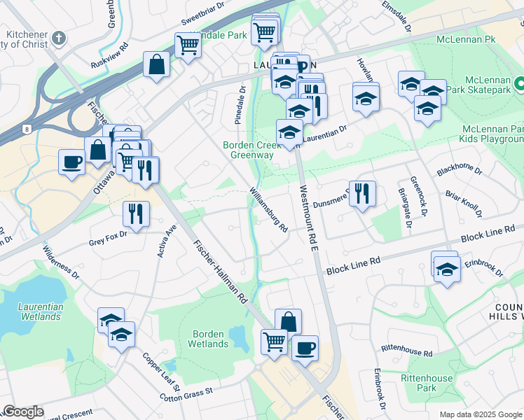 map of restaurants, bars, coffee shops, grocery stores, and more near 188 Williamsburg Road in Kitchener