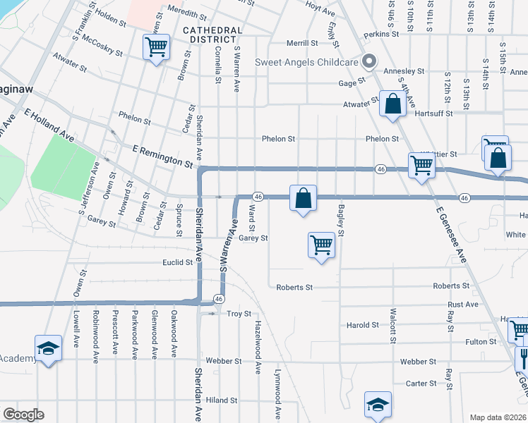 map of restaurants, bars, coffee shops, grocery stores, and more near 1619 Boxwood Street in Saginaw