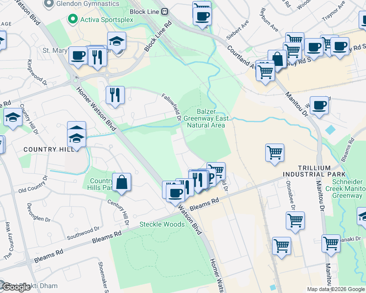 map of restaurants, bars, coffee shops, grocery stores, and more near in Kitchener
