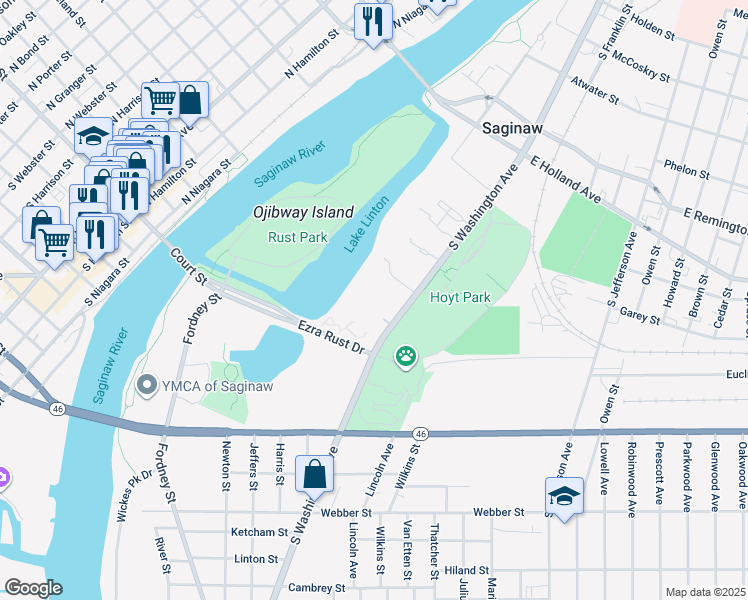 map of restaurants, bars, coffee shops, grocery stores, and more near 1635 South Washington Avenue in Saginaw