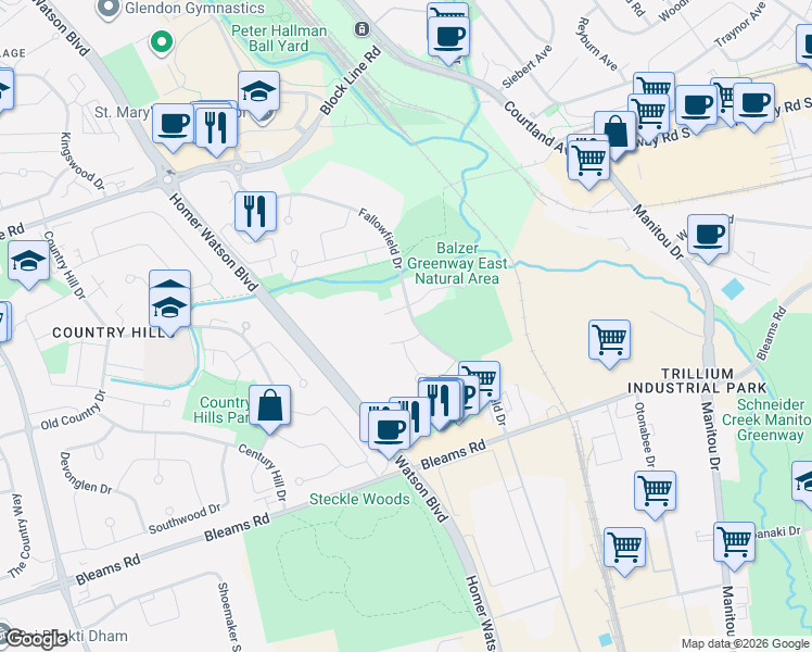map of restaurants, bars, coffee shops, grocery stores, and more near 244 Fallowfield Drive in Kitchener