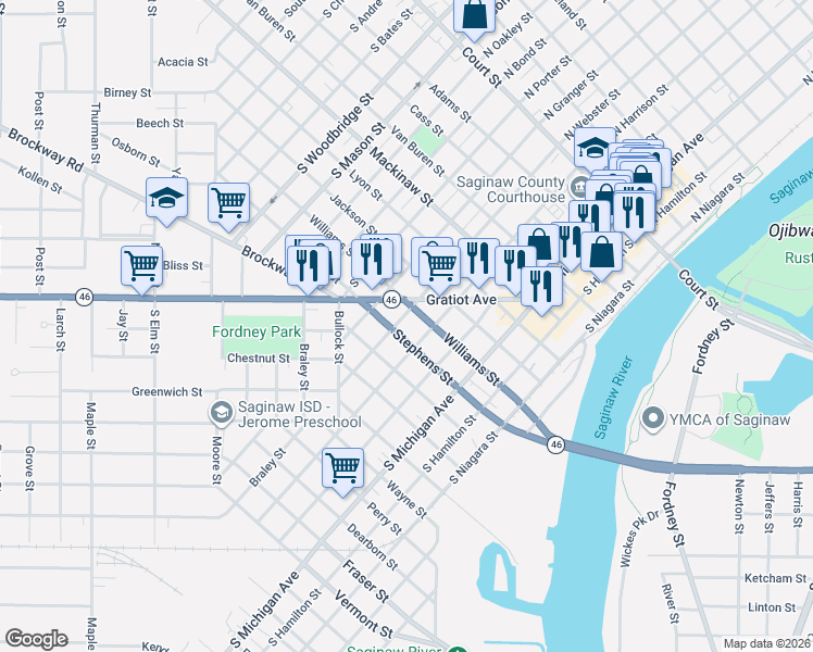 map of restaurants, bars, coffee shops, grocery stores, and more near 808 South Webster Street in Saginaw