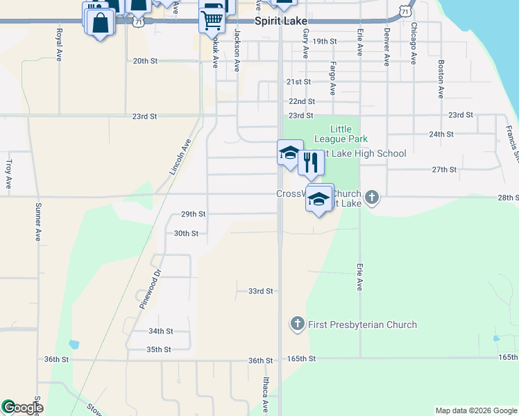 map of restaurants, bars, coffee shops, grocery stores, and more near 801-821 28th Street in Spirit Lake