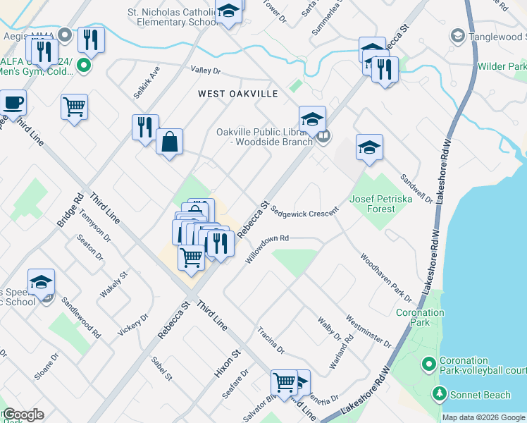map of restaurants, bars, coffee shops, grocery stores, and more near 1397 Rebecca Street in Oakville
