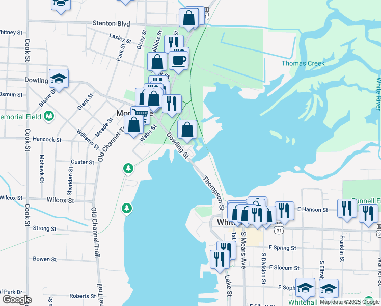 map of restaurants, bars, coffee shops, grocery stores, and more near 4454 Dowling Street in Montague