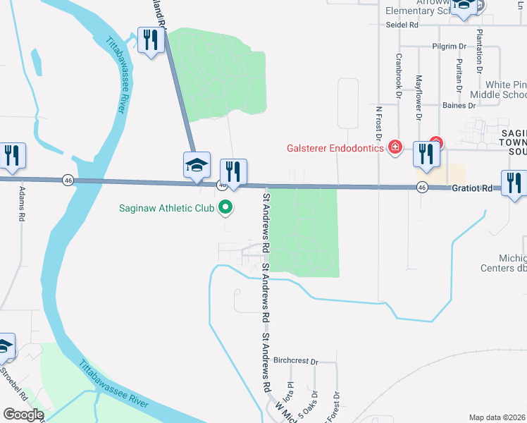 map of restaurants, bars, coffee shops, grocery stores, and more near 170 Saint Andrews Road in Saginaw