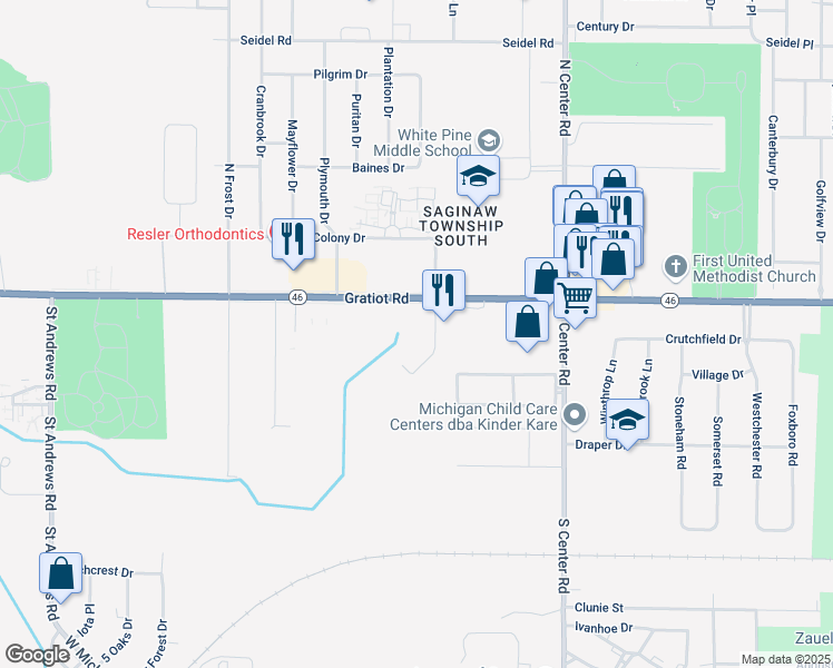 map of restaurants, bars, coffee shops, grocery stores, and more near 180 Colony Drive South in Saginaw