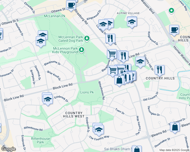 map of restaurants, bars, coffee shops, grocery stores, and more near 105 Blackhorne Drive in Kitchener