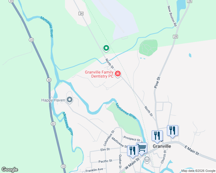 map of restaurants, bars, coffee shops, grocery stores, and more near 67 River Valley Drive in Granville