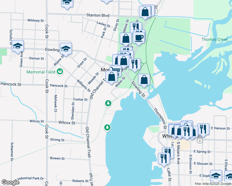 map of restaurants, bars, coffee shops, grocery stores, and more near 8590 Water Street in Montague