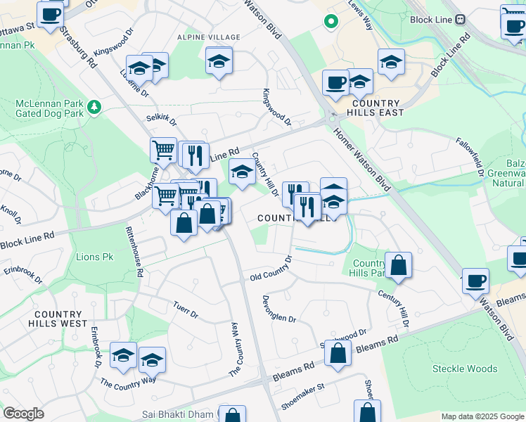 map of restaurants, bars, coffee shops, grocery stores, and more near 34 Hillside Drive in Kitchener