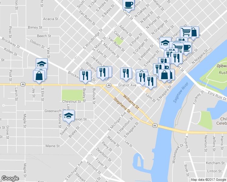 map of restaurants, bars, coffee shops, grocery stores, and more near 808 South Webster Street in Saginaw
