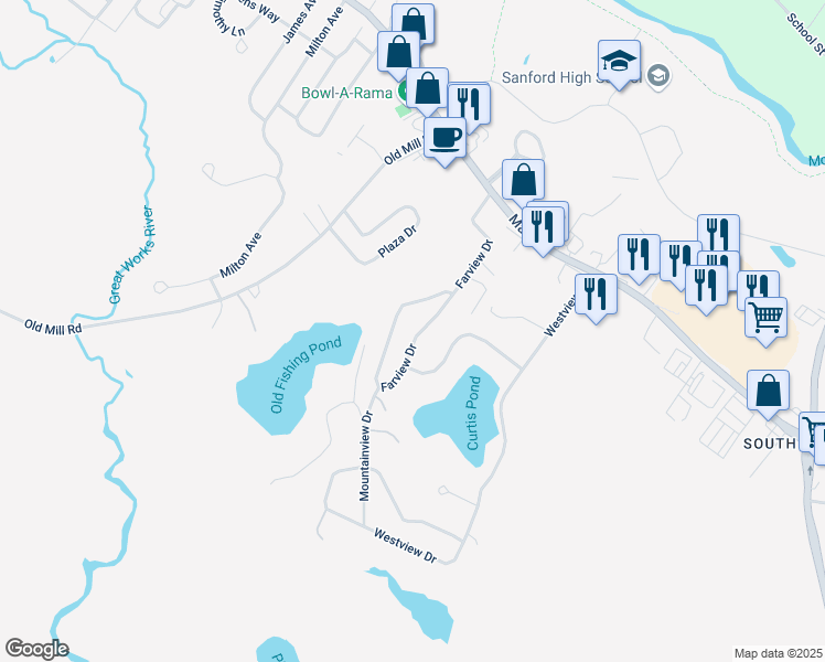 map of restaurants, bars, coffee shops, grocery stores, and more near 134 Farview Drive in Sanford