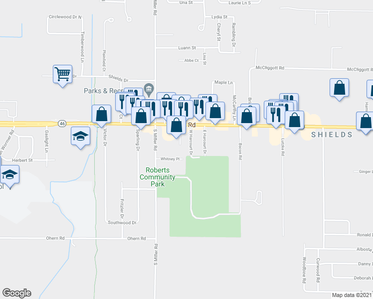 map of restaurants, bars, coffee shops, grocery stores, and more near 214 West Harcourt Drive in Saginaw