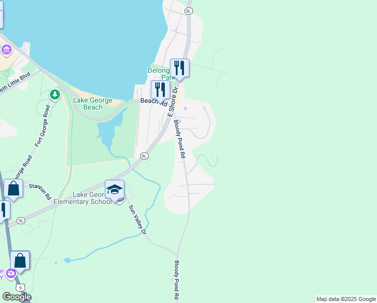 map of restaurants, bars, coffee shops, grocery stores, and more near 342 Bloody Pond Road in Lake George