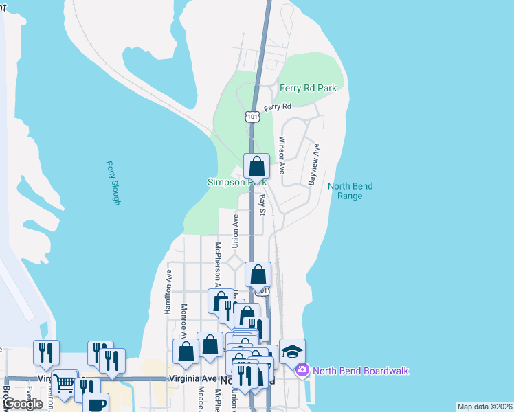 map of restaurants, bars, coffee shops, grocery stores, and more near 1429 Sherman Avenue in North Bend