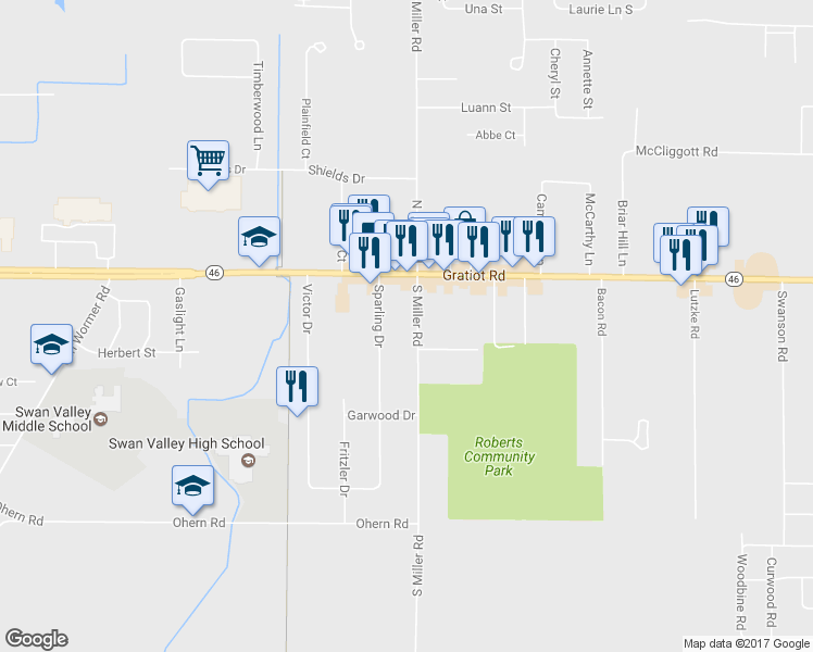 map of restaurants, bars, coffee shops, grocery stores, and more near 190 South Miller Road in Saginaw