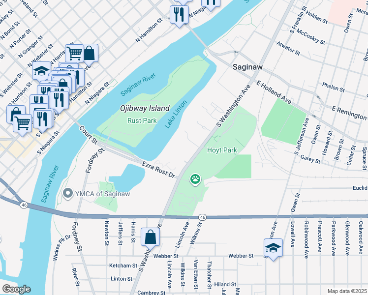 map of restaurants, bars, coffee shops, grocery stores, and more near 1635 South Washington Avenue in Saginaw