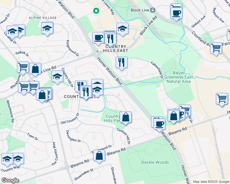 map of restaurants, bars, coffee shops, grocery stores, and more near 250 Country Hill Drive in Kitchener