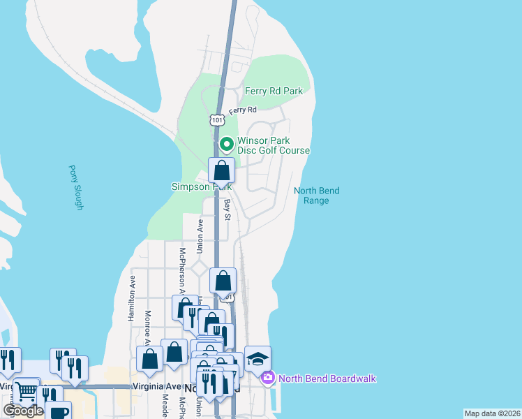 map of restaurants, bars, coffee shops, grocery stores, and more near 1343 Bayview Avenue in North Bend