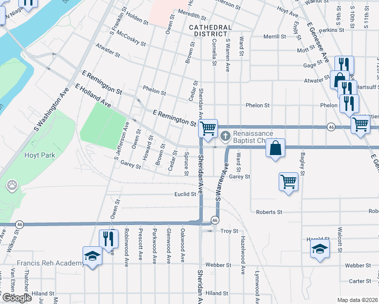 map of restaurants, bars, coffee shops, grocery stores, and more near 1508 Spruce Street in Saginaw