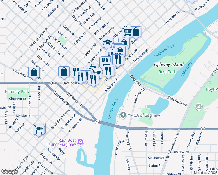 map of restaurants, bars, coffee shops, grocery stores, and more near 301 Van Buren Street in Saginaw