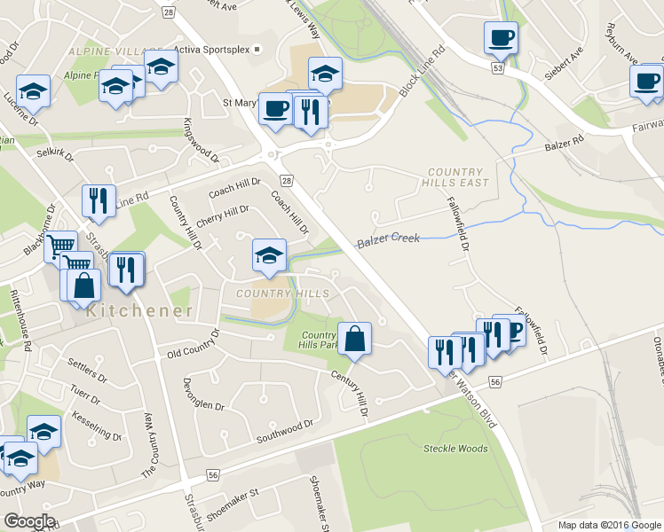 map of restaurants, bars, coffee shops, grocery stores, and more near 250 Country Hill Drive in Kitchener