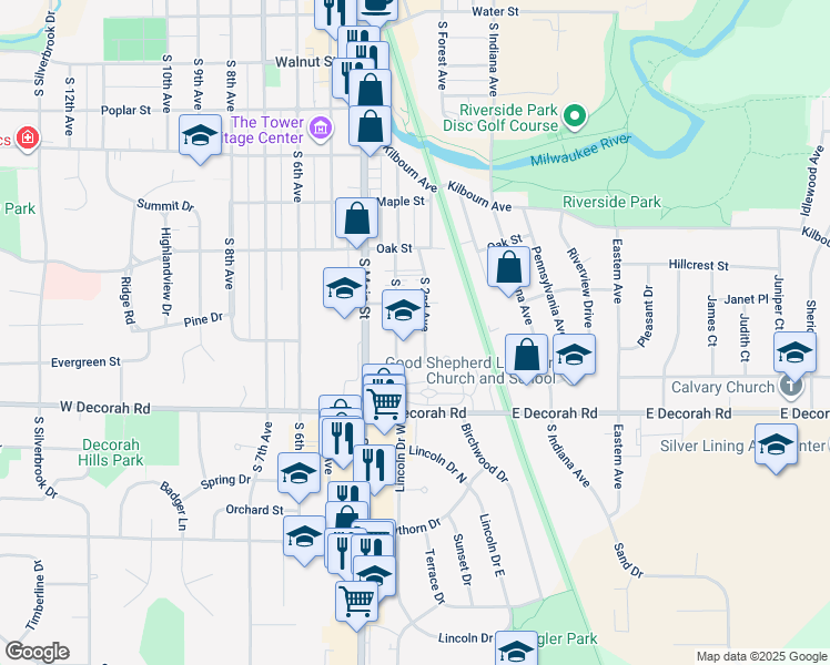 map of restaurants, bars, coffee shops, grocery stores, and more near 736 South 2nd Avenue in West Bend