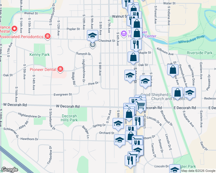 map of restaurants, bars, coffee shops, grocery stores, and more near 692 South 7th Avenue in West Bend
