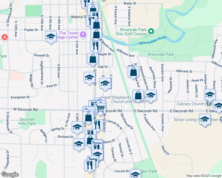 map of restaurants, bars, coffee shops, grocery stores, and more near 736 South 2nd Avenue in West Bend